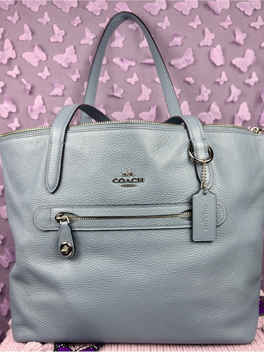 Coach Pale Blue Pebbled Leather Tote with Silver Hardware